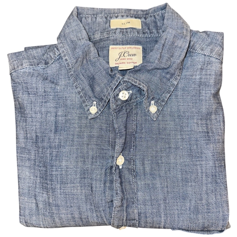J. Crew Slim Fit Organic Cotton Chambray Shirt Mens Medium Blue Long Sleeve